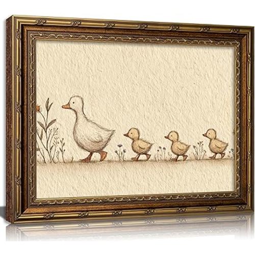 Vintage Gold Framed Nursery Duck Canvas Wall Art,Farmhouse Funny Whimsical Animal Painting Picture Wall Decor,Rustic Cute Mother Duck and Ducklings Poster Print Artwork,for Girls Children Room,