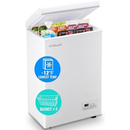 DEMULLER Chest Freezer 3.5 CU.FT Ultra-Low Temperature Deep Freezing Machine (Down to -12 ℉) with Two Removable Baskets Freestanding White Small Mini Compact Fridge Freezer for Home Kitchen Office