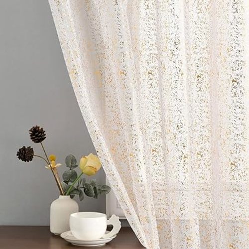 TERLYTEX White and Gold Sheer Curtains - Metallic Sparkle Gold Sheer Curtains 84 Inch Length for Living Room, Rod Pocket Privacy Glitter Sheer Window Curtains, 52 x 84 Inch, 2 Panels, Gold and White