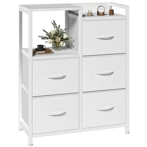 Sweetcrispy Modern 5-Drawer Fabric Dresser with 2-Tier Shelf, Storage Cabinet Chest for Clothing Organization, Bedroom Decor Ideas & Room Storage Furniture for Bedroom, Hallway, Drawer Dressers, Multiple Storage Drawers - TikTok Shop