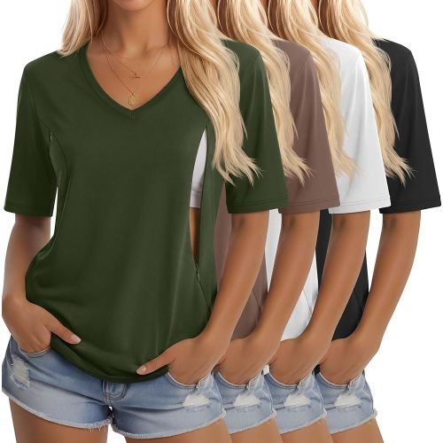 4 Pack Women's Nursing Shirt for Breastfeeding with Hidden Zipper Half Sleeves Tops V Neck Postpartum Maternity Tee