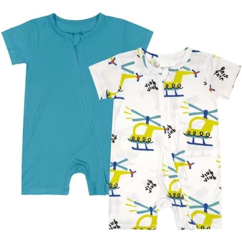 Teach Leanbh Baby Boys Girls 2 Pack Bamboo Viscose Pajamas 2 Way Zipper Short Sleeve Romper Jumpsuit Sleep and Play