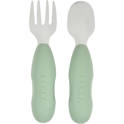 BEABA Set of 2 Stainless Steel Pre-Cutlery, Baby Toddler Stainless Steel with Silicone Utensils, Silverware Spoon Fork for Baby Toddler, Sage
