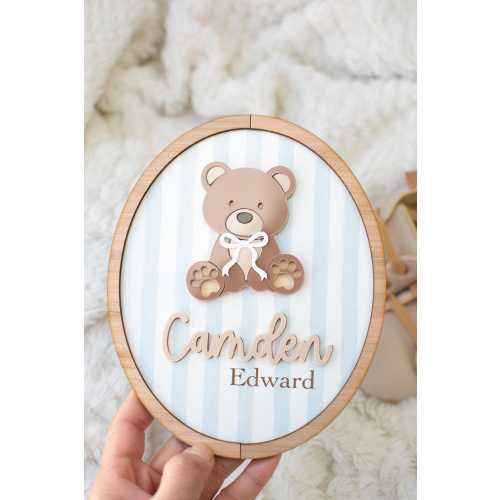 Teddy Bear Newborn Birth Announcement Sign for Hospital, Baby Boy Girl Nursery Decor, Whimsical Stripe Baby Shower Gift New Parents Keepsake