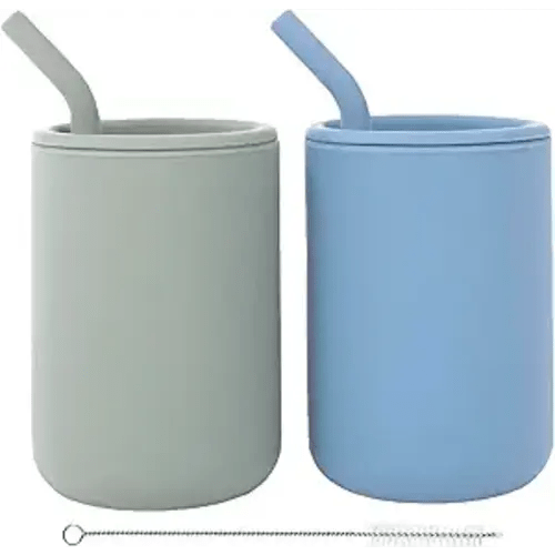 WeeSprout Silicone Baby Cups With Straws and Lids, 4 & 8 oz Options, Set of 2, Food Grade Toddler Training Container, Built In Straw Stoppers, Measurement Markings, Dishwasher Safe + Straw Cleaner