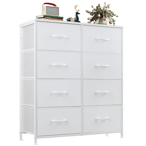 OLIXIS Dresser for Bedroom, 8 Storage Drawers, Tall Fabric Tower Organizer | Large Dresser for Closet, Chest of Drawers with Metal Frame Wooden Top for Nursery, Living Room, Entryway, White