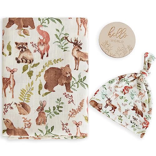 LifeTree Muslin Swaddle Blankets, Muslin Baby Boy Swaddle Blanket and Hat Set with Birth Announcement Card, Newborn Unisex Receiving Blankets Woodland Forest Animals