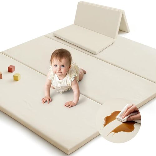 Foldable Baby Play Mat,Vegan Leather 47x47 Baby Mat for Floor,Beige | Trifold Waterproof Playmat for Babies,Soft Foam Tumbling Mat,Wipe-Clean&Non-Slip Outdoor Mats,Playmate for Baby Tummy Time