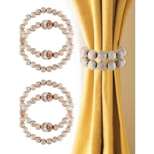 Rustic Farmhouse Tiebacks Magnetic Beaded - Strong Magnets 4 Pack, White Washed