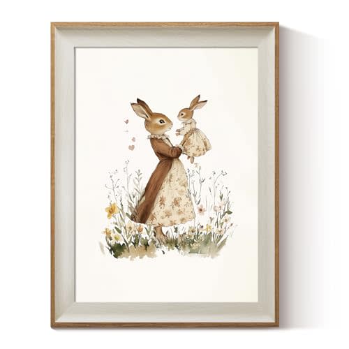 ARPEOTCY Framed Canvas Wall Art, 12x16 Inch Vintage Bunny Mom and Baby Rabbit Print, Nursery Wall Decor for Baby Room, Girls Bedroom or Mother's Day Gift
