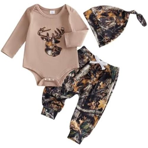 Newborn Baby Boy Hunting Outfit Deer Mallard Duck Romper Jungle Camo Pants Set Hat 3 Piece Fall Winter Clothes