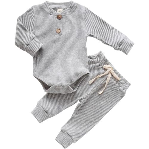 Newborn Baby Boy Clothes Ribbed Knitted Cotton Long Sleeve Romper Long Pants Solid Color Fall Winter Outfits