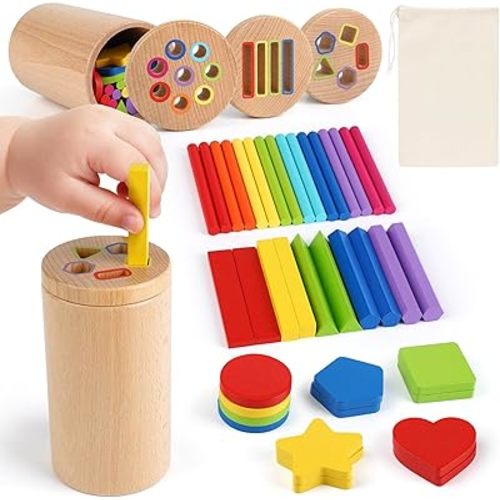 DINORUN Wooden Montessori Toddler Toys - 3 in 1 Sensory Toys for Color Shape Matching, Learning Fine Motor Skills, Educational Toys for Toddlers 1-3, Travel Toys for Boys Girls Gifts