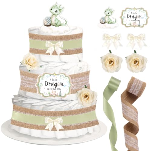 Baby Shower Dragon Diaper Cake Decorations, Birthday Party Diaper Cake Supplies Green, Include Ribbon, Bow Tie, Cake Cards, Artificial Flowers(Diaper Not Included)