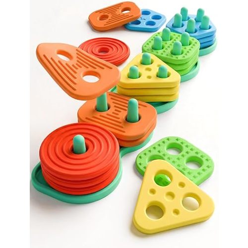 Montessori Learning Toddler Toys 1 2 3: Soft Silicone Shape Color Sorting Stacking Toy for 1-3 Year Old Boy Girl Gifts