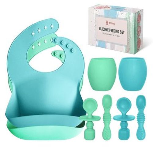 Baby Silicone Feeding Set - Baby Led Weaning Utensils, Silicone Bibs, Infant Feeding Cups Toddlers Smooth Material For Practical Eating, Set of 8