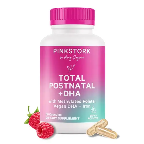 Pink Stork Total Postnatal Vitamins for Women with Vegan DHA, Iron, Folate, and Vitamin B12, Postpartum Recovery Essentials, Daily Supplement for Breastfeeding Moms - 1 Month Supply