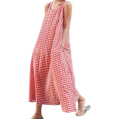chouyatou Women's Summer Casual Loose-Fit Cotton Plaid Tank Maxi Dress with Pockets Boho Beach Sundress