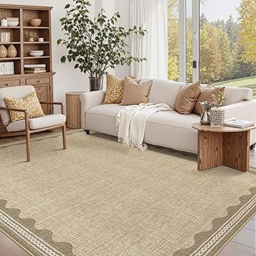 GarveeHome Scalloped Washable Area Rug 6x9 Rugs for Living Room Soft Low-Pile Solid Tan Jute Digital Printing Thin Carpet for Bedroom Dining Nursery Non Slip Mat with Rubber
