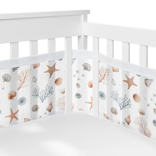 Sweet Jojo Designs + BreathableBaby 2-Piece Breathable Mesh Crib Liner Set (Ocean Seashells) for Boys/Girls, Baby, Infants/Newborn Nursery (Nautical, Beach Theme, Watercolor, Starfish, Coastal, Sea)