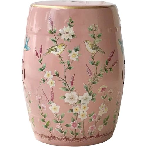 Decorative Ceramic Garden Stool - Glazed Hand-Painted Flower and Bird Shoe Changing Drum Stool for Outdoor Garden, Living Room, Terrace (Pink)