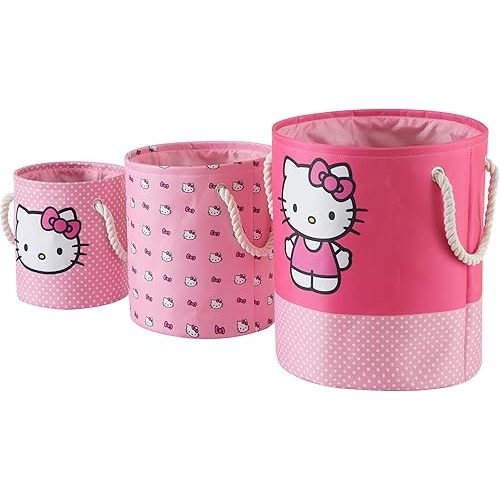 Sanrio Hello Kitty 3 Piece Fabric Storage Basket Set, Pink Nestable Toy Storage Bins with Rope Handles – Kids Bedroom & Nursery Organizer