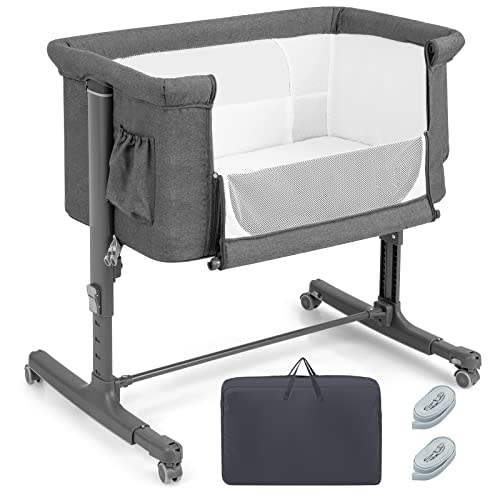 HONEY JOY Baby Bassinet Bedside Sleeper, 3-in-1 Easy Folding Portable Crib for Baby with Wheels, 5 Adjustable Heights, Easy to Assemble Bed to Bed, Mattress & Carry Bag for Infant Newborn (Gray)