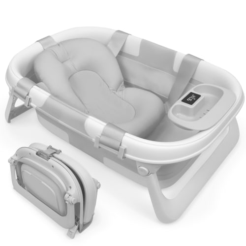 Jool Baby Fold ‘n Store Baby Bathtub – 3 Stage Collapsible Bather for Easy Storage, Portable for Travel – Built-in Thermometer (Gray)