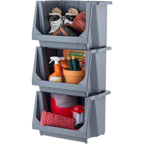 IRIS USA Open Front Storage Bins, Large - 3 Pack, Heavy Duty Garage Storage, Stackable Storage Bins, Tools Hose Household Product Sporting Goods, Wide Open Front, Interlocked Secure Stacking, Gray