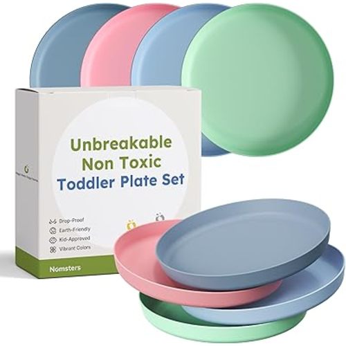 Nomsters Unbreakable Toddler Plates for Kids Baby Set of 4, 7.8" Ceramic-like Kids Dinnerware Set Baby Plates Dishwasher and Microwave Safe Deep Walled No Melamine BPA Free Macaron Cool Tones