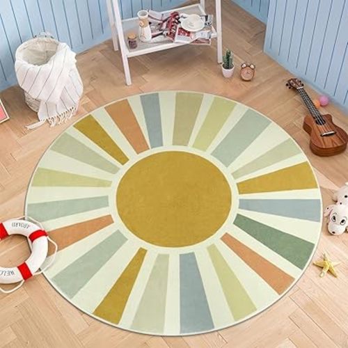 STARUIA Boho Round Rug 4 Ft Washable Area Rug for Kids Room, Colorful Sun Circle Rug for Playroom, Non-Slip Circular Office Carpet Soft Rainbow Rug for Bedroom Reading Corner Dorm