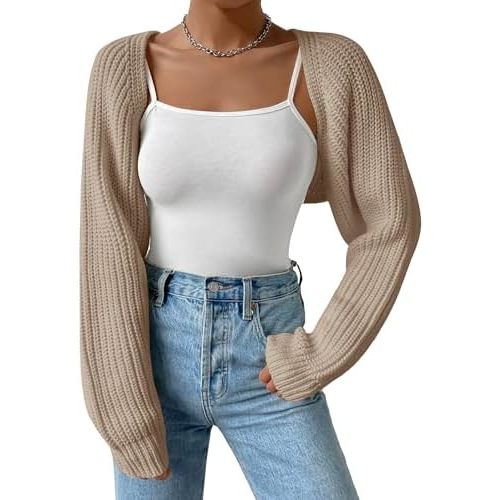 Women's Long Sleeve Open Front Knitted Crop Cardigan Drop Shoulder Knit Bolero Shrug Sweater