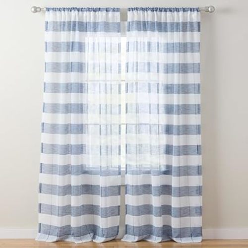 Town & Country Basics Pax Semi-Sheer Stripe, Light Filtering Indoor Curtains 2-Pack Blue/White, 50"x84"