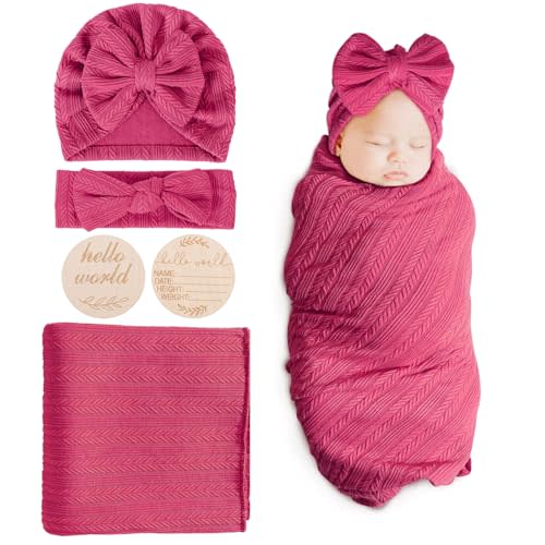 BQUBO Baby Swaddle Blankets for Girls, 4PCS Newborn Accessories Set with Hat and Bow Headband with Hello World Wooden Birth Announcement Card, Baby Blankets for Girls