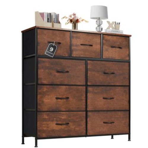 Bestier Dresser for Bedroom with 9 Drawers, Dresser for Closet, Living Room, Nursery, Chest of Drawers with Sturdy Steel Frame, Wood Top
