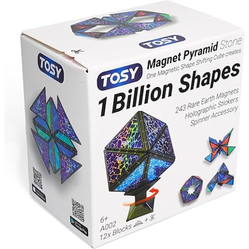 TOSY Magnet Pyramid Stone - 1 Cube Transforms into 1 Billion Shapes, 12 Pieces, 243 Magnets, Holographic Design Magnet Tiles Creative Puzzle STEM/STEAM Toy