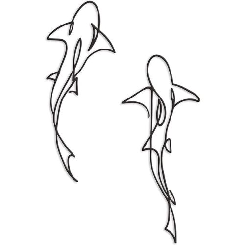Metal Fish Wall Decor - Nautical Shark Room Art, Abstract Line Shark Design for Coastal-Themed Interiors(set of 2,Black)