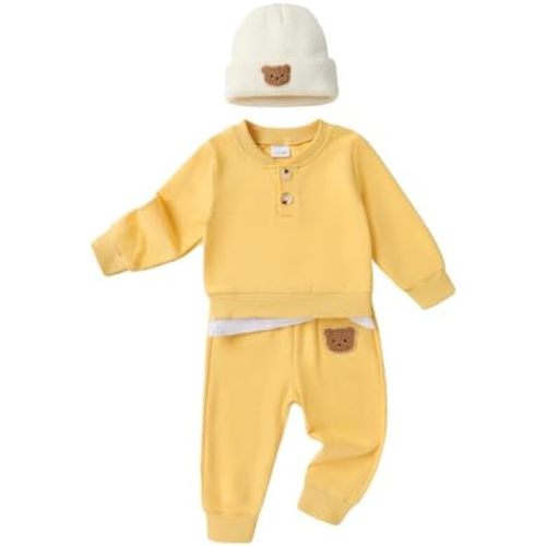 YOUNGER TREE Toddler Fall Outfits Baby Boy Sweatshirt Top Sweatpants Set Cute Sweatsuit for Boy Winter Clothes with Hat