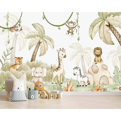 AFZEVEB-Safari Wallpaper Watercolor Animal Nursery Wall murals for Kids Room 114"x74"(Not Peel and Stick)