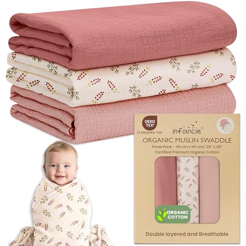 infancie Organic Cotton Muslin Baby Blanket 3 Pack - 38x40 Inch Breathable Swaddle, Hypoallergenic Double-Layer, Versatile Use (Pink, Floral, Rust, 38x40 Inch)