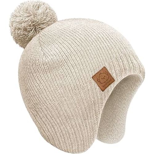 KeaBabies Baby Beanies, Baby Hats for Boys, Girls - Cute Toddler Winter Hat, Soft & Stretchy Beanies for Infant, Newborn 6-36 months, Cozy & Warm with Earflap Muff & Pom (Cream)