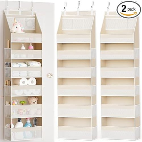 Criusia 2 Pack Over the Door Organizer, 6-Shelf Closet Hanging Storage with 13 Mesh Pockets, 55lbs Capacity Behind the Door Storage for Baby Nursery, Bathroom, Bedroom, and Dorm, Beige