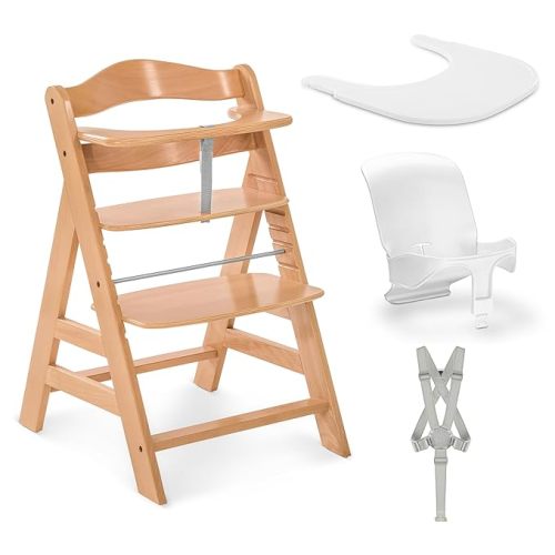 hauck Adjustable Wooden High Chair for Babies and Toddlers - Includes Baby Insert, Tray & Safety Harness - Grows with Child up to 198 lbs - Natural