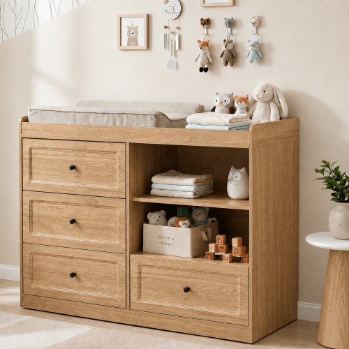 Nordee Changing Table Dresser, Baby Nursery Dresser with 4 Drawers and 2 Adjustable Shelves, Wooden Baby Diaper Changing Station, Natural Wood