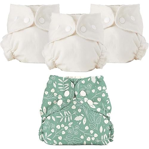 Esembly Cloth Diaper Bundle Set - 3 Organic Cotton Absorbent Inners and 1 Waterproof Outer Diaper Cover - Reusable, Washable, Snap Closure Cloth Diapers - Size 1 (7-17lbs), Botany