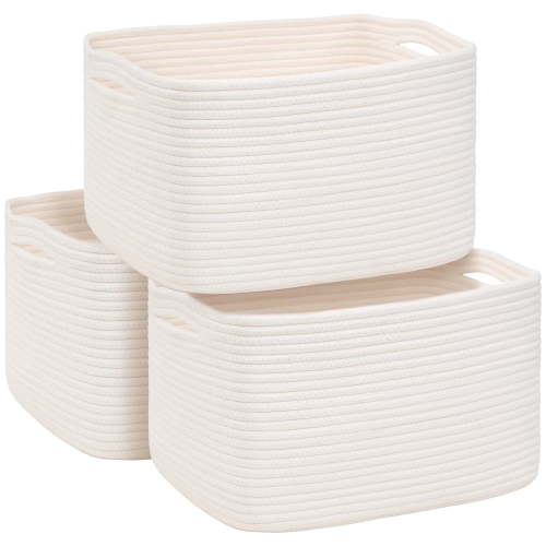 Natubeau 3 Pack Woven Storage Basket for Shelve, Cotton Rope Storage Bins for Toys Books, Nursery Towel Baskets, Shelf Baskets for Organizing, White