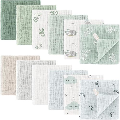Bearmoss Muslin Baby Washcloths 100% Cotton Baby Bath Wash Cloth Ultra-Absorbent Burp Cloth Soft Baby Face Towel for Newborn Baby Boy and Girl, 10x10inch 12Pack(Forest)