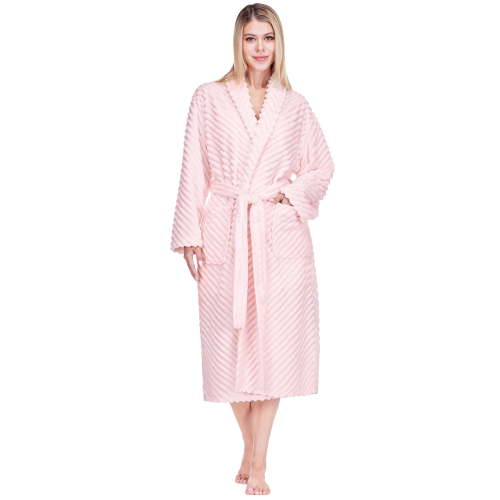 PAVILIA Super Soft Womens Robe Pink, Fluffy Plush Fuzzy Cozy House Shower Bathrobe, Ribbed Striped Warm Fleece Long Robe for Women, L/XL