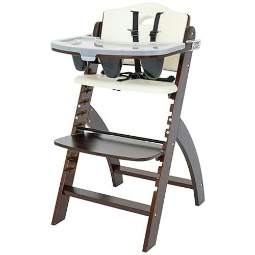 Abiie Beyond Junior Wooden High Chair for Babies and Toddlers - Convertible 3-in-1 Baby Highchair with Removable Tray - 6 Months to 250 Lb - Water Resistant - Natural Wood/Dove Grey Cushion