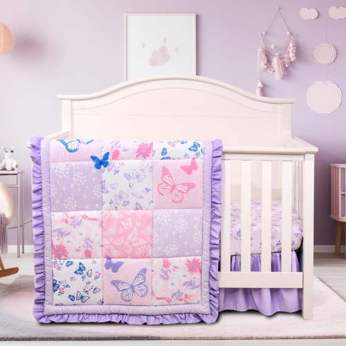 3-Piece Butterfly Crib Bedding Set | Standard Nursery Comforter, Fitted Sheet & Skirt (Purple)